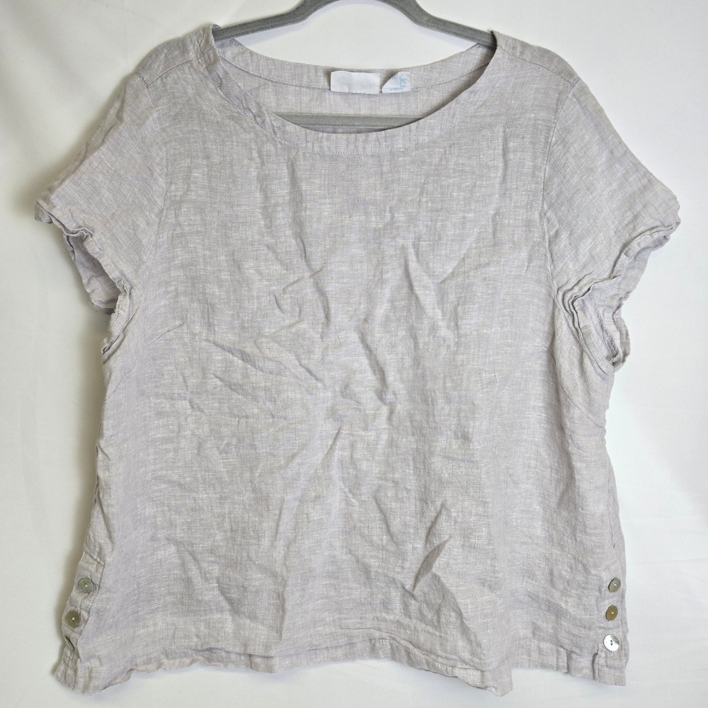 Cynthia Rowley 100% Linen Short Sleeve Top Side Button Accents Lagenlook Grey 1X